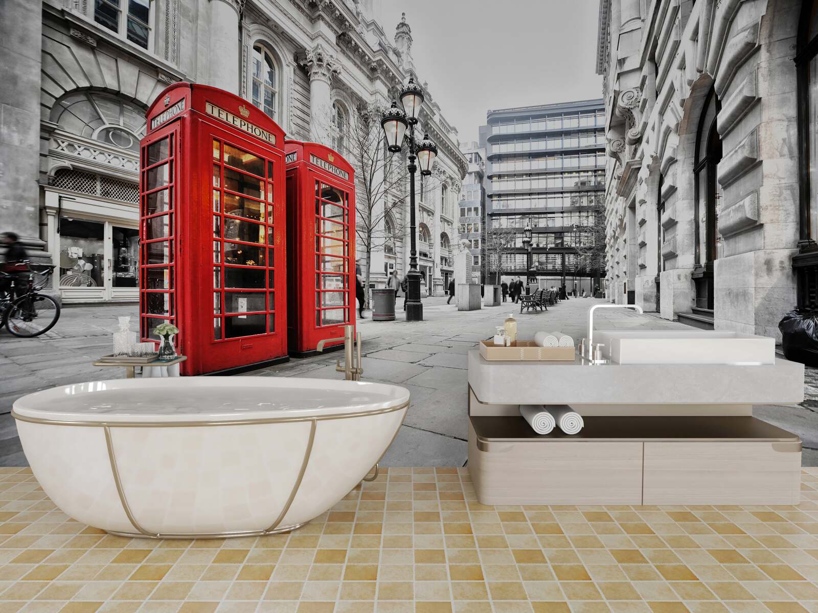 Fototapeta czerwone budki telefoniczne na ulicach