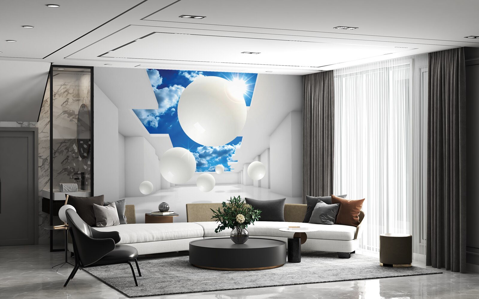 Fototapeta duże białe kule na tle nieba i słońca