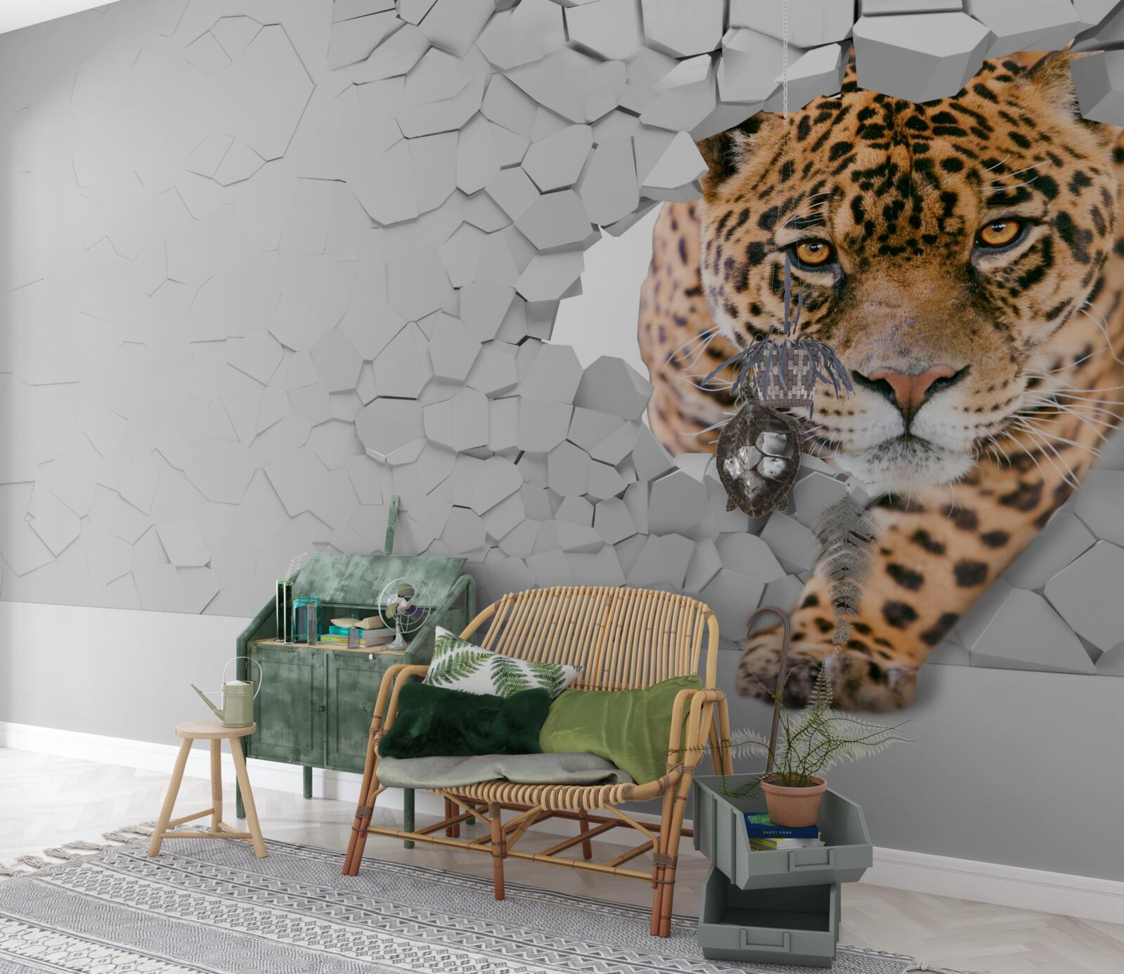 Fototapeta lampart przebija się przez kamienną barierę