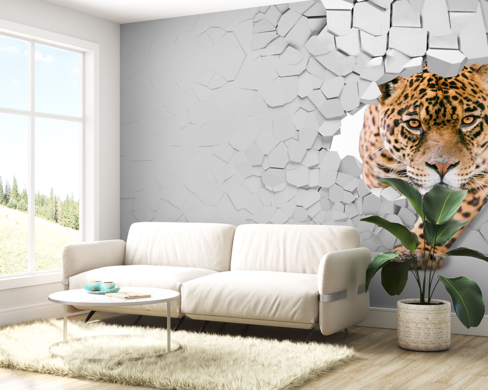 Fototapeta lampart przebija się przez kamienną barierę