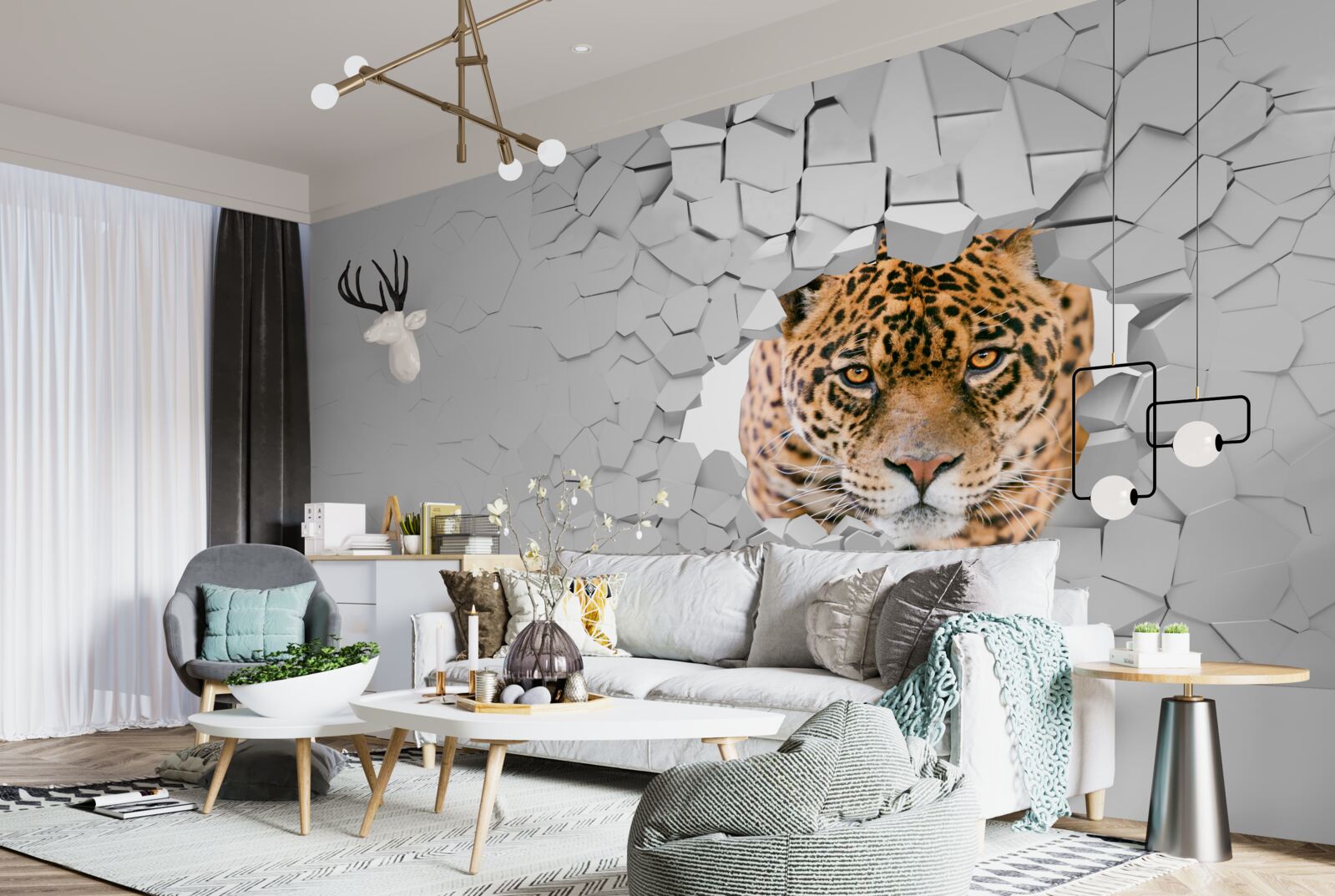 Fototapeta lampart przebija się przez kamienną barierę