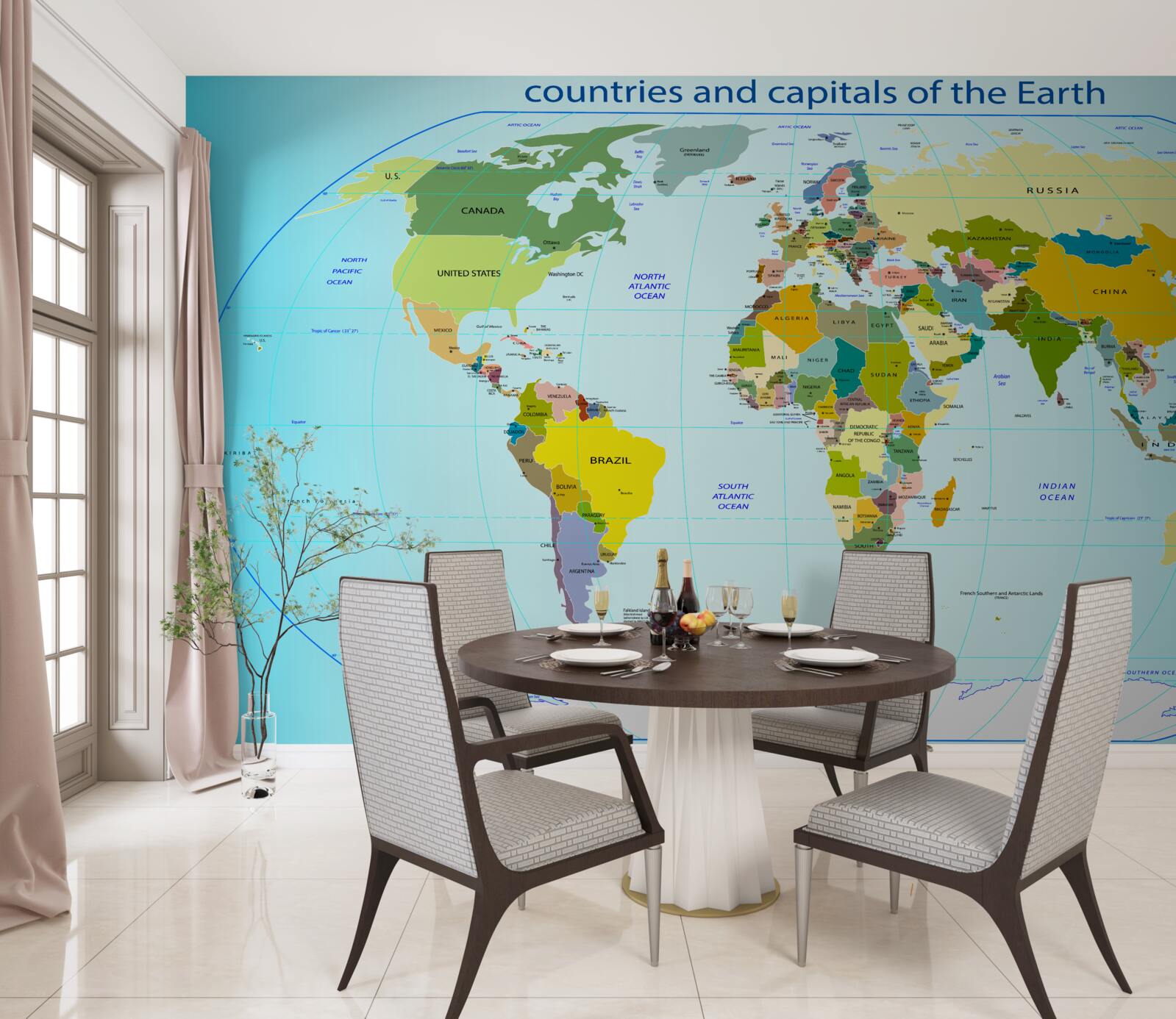 Fototapeta mapa świata pokazująca kraje i ich stolice