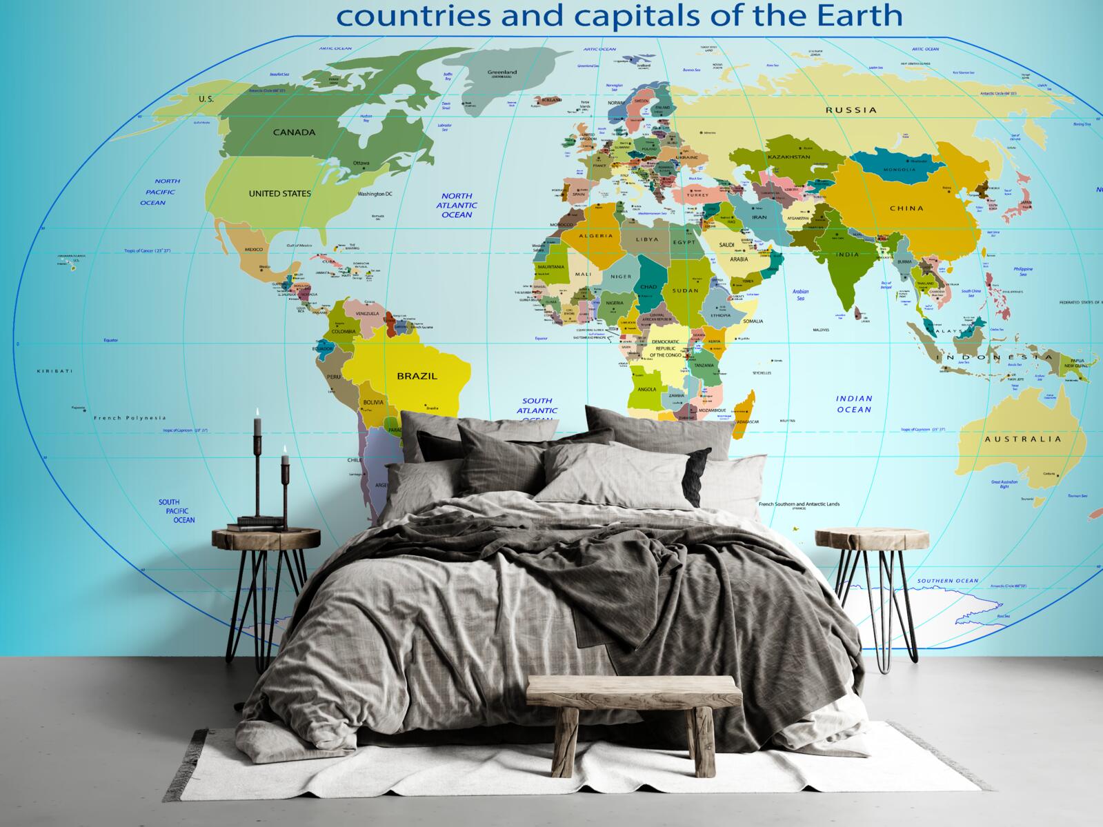 Fototapeta mapa świata pokazująca kraje i ich stolice