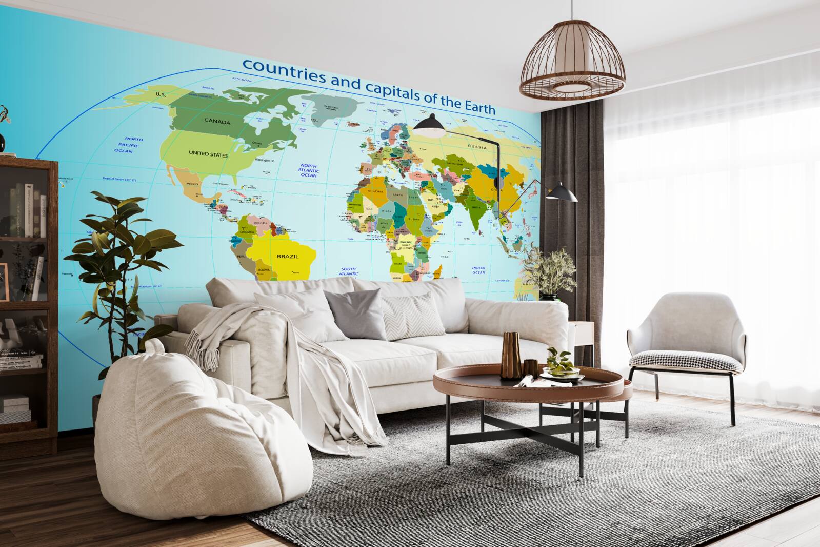 Fototapeta mapa świata pokazująca kraje i ich stolice