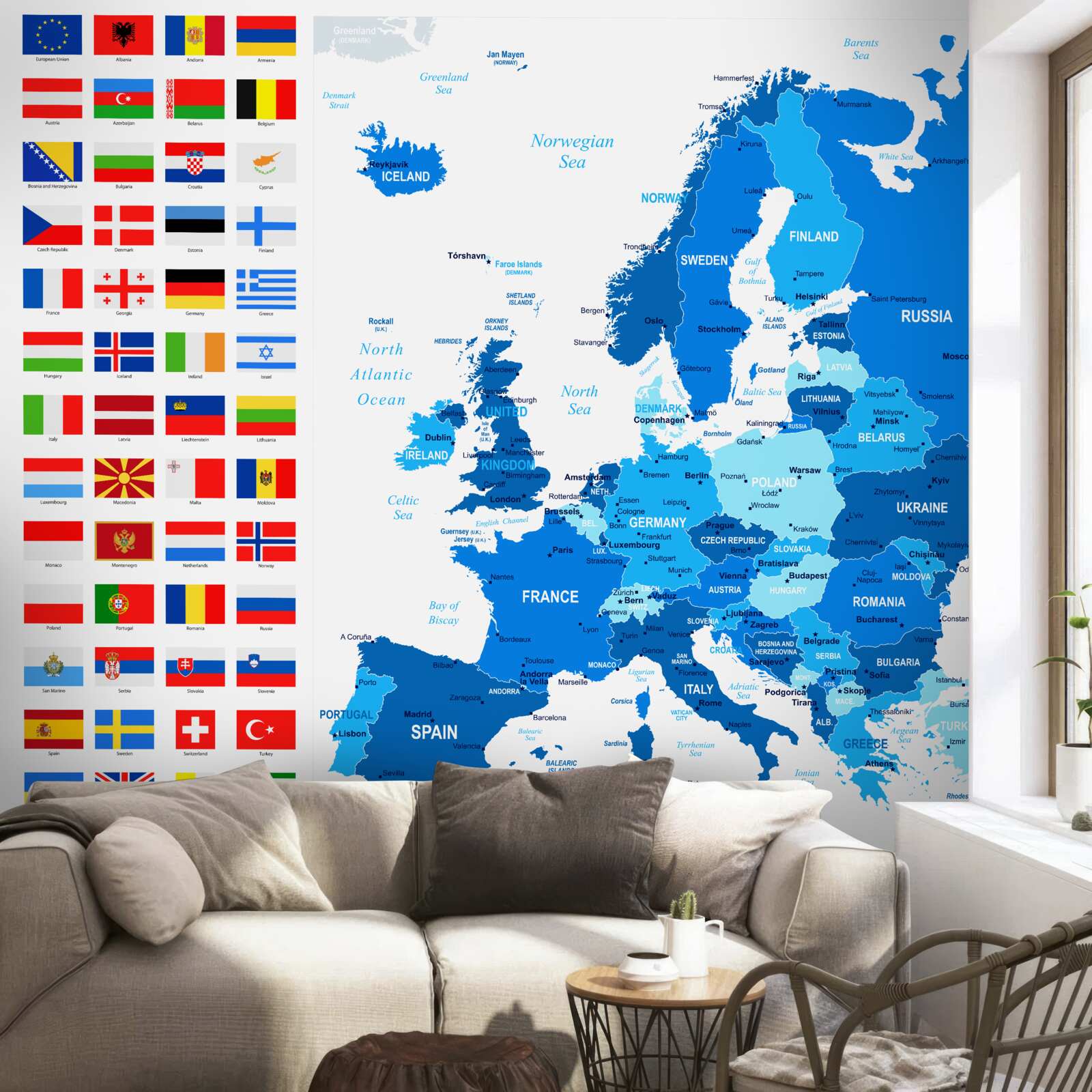 Fototapeta mapa europy z flagami krajów