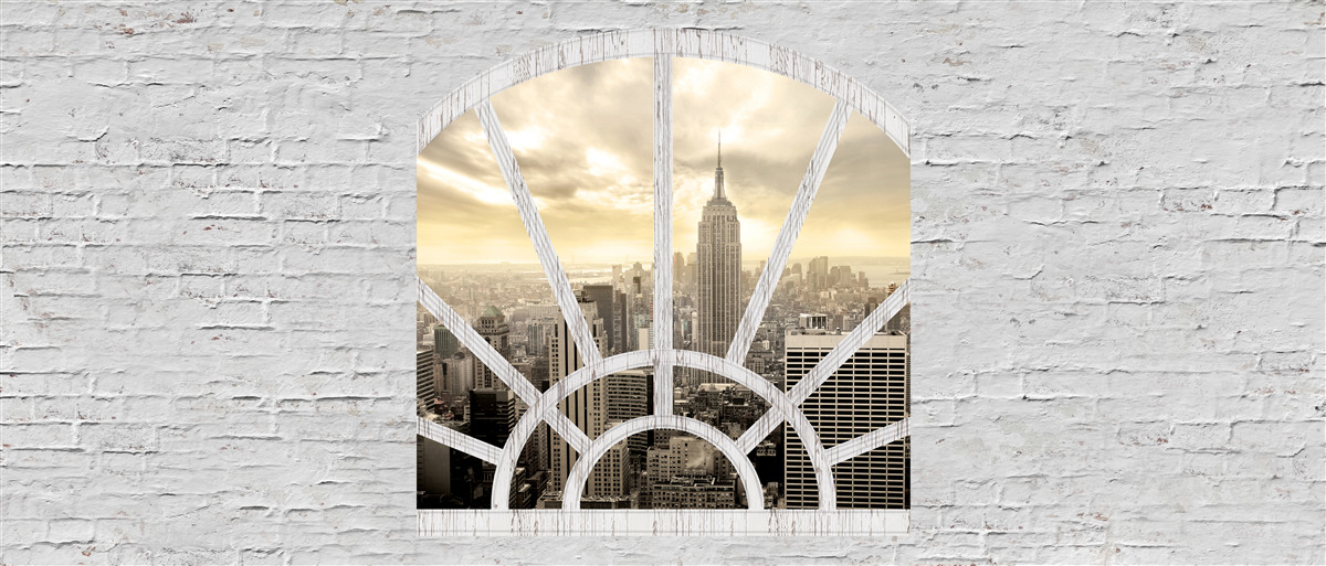 Fototapeta panoramiczne okno w ceglanej ścianie, z którego roztacza się widok na nowy jork