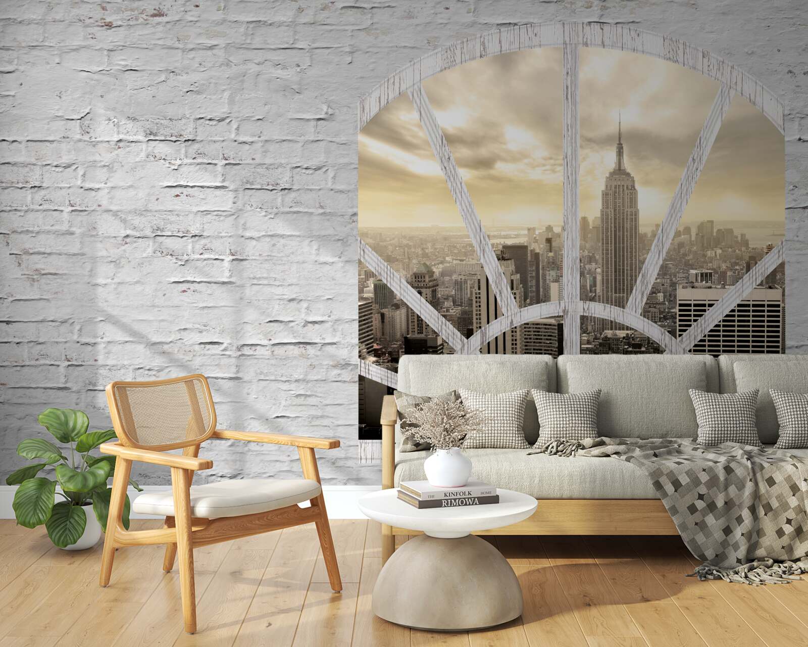 Fototapeta panoramiczne okno w ceglanej ścianie, z którego roztacza się widok na nowy jork