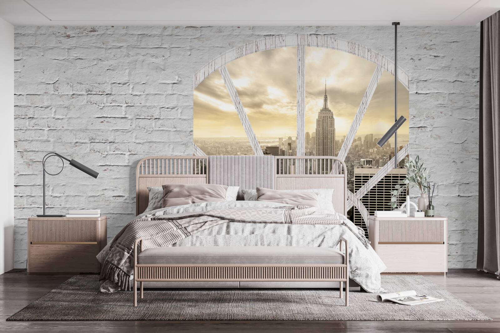 Fototapeta panoramiczne okno w ceglanej ścianie, z którego roztacza się widok na nowy jork