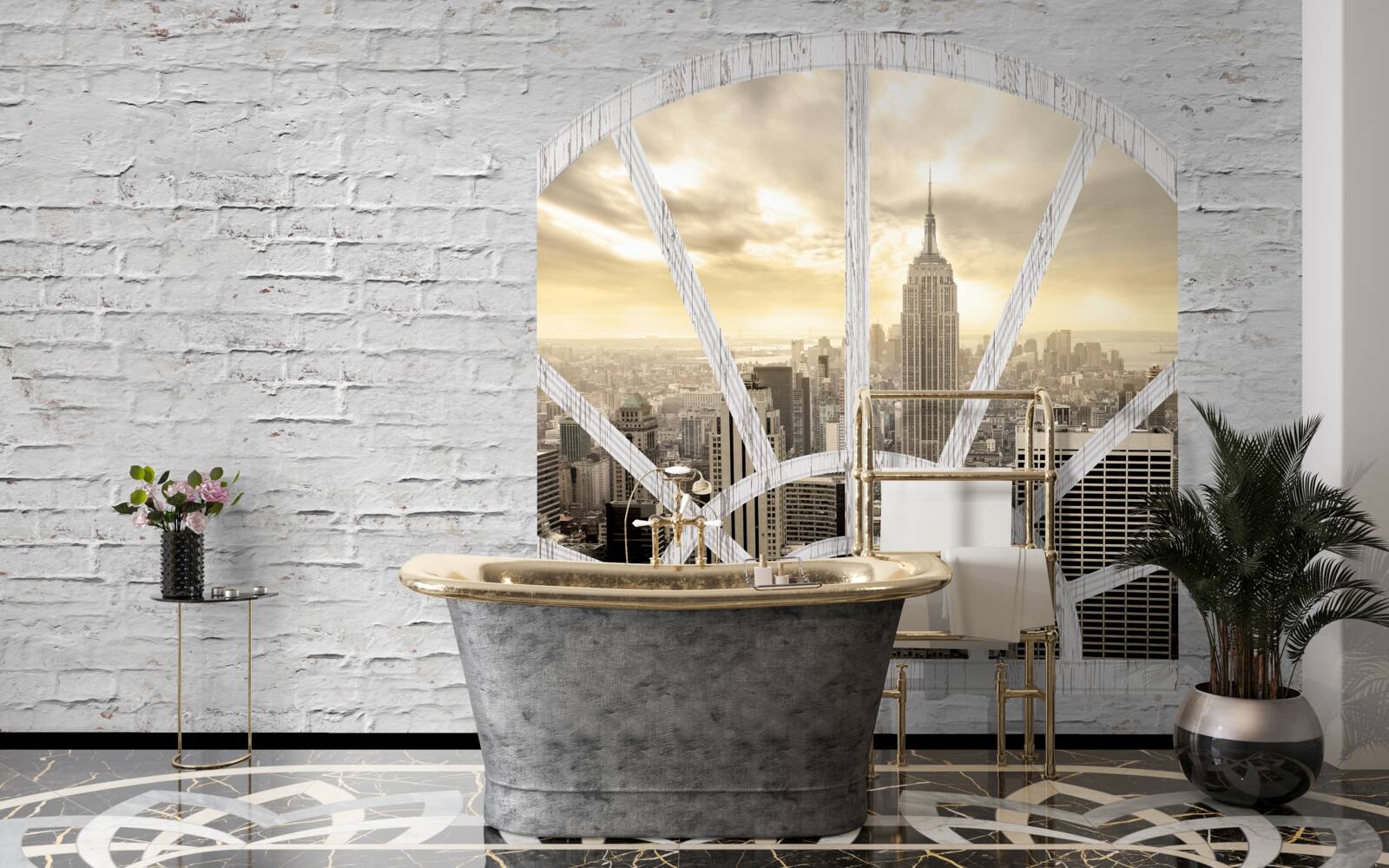 Fototapeta panoramiczne okno w ceglanej ścianie, z którego roztacza się widok na nowy jork