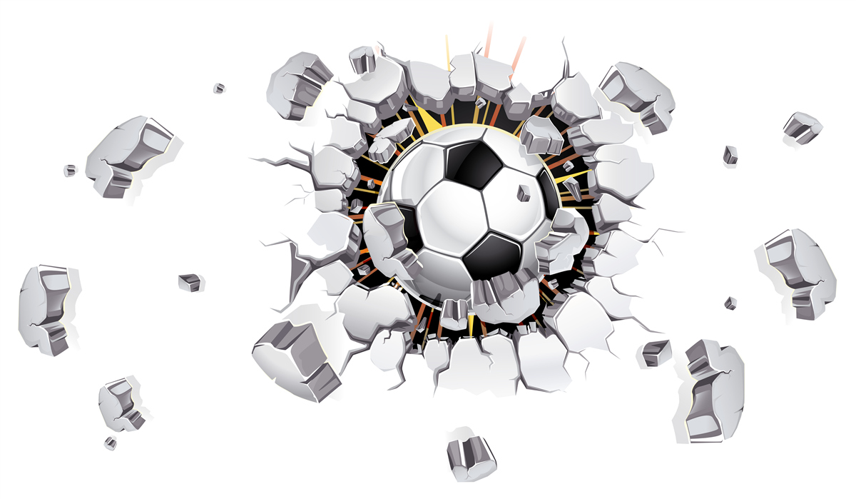 Fototapeta Ściana została przebita piłką nożną