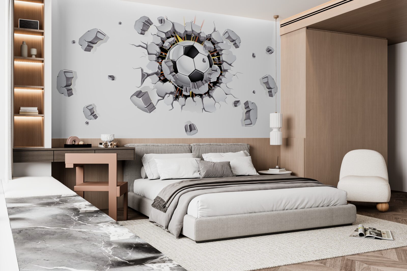 Fototapeta Ściana została przebita piłką nożną