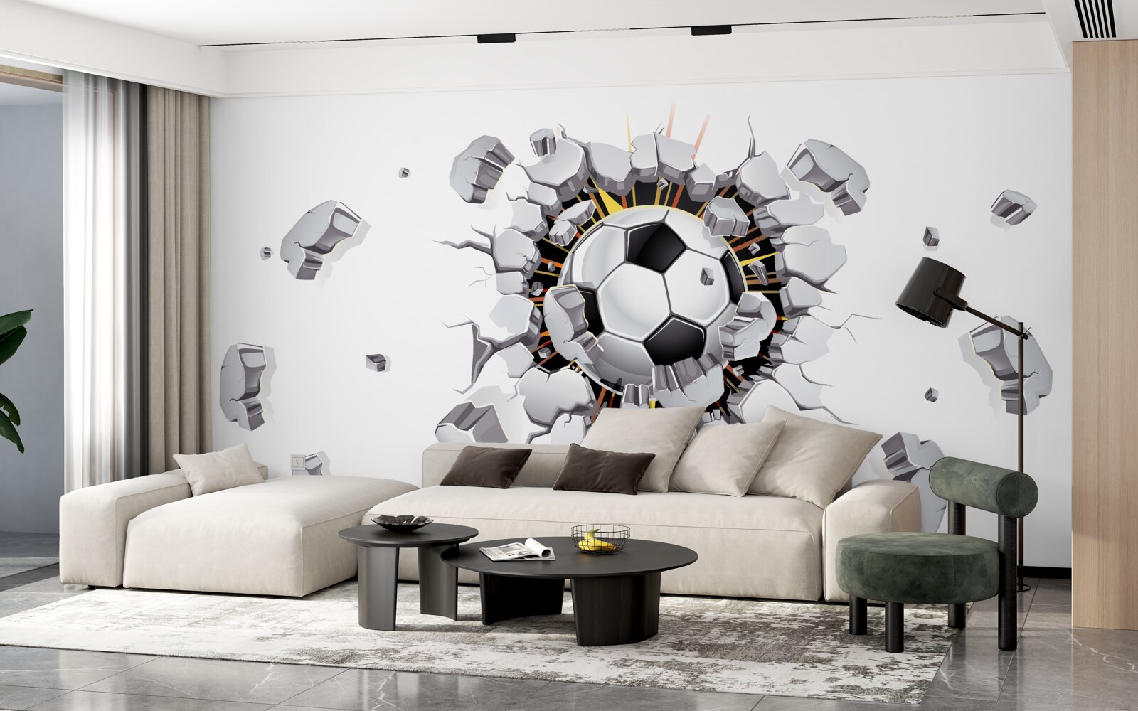 Fototapeta Ściana została przebita piłką nożną