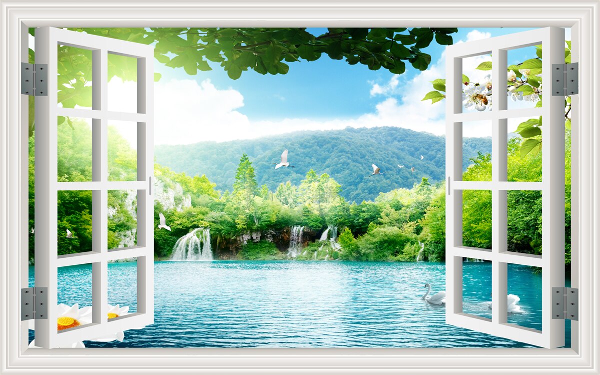 Fototapeta okno wychodzi na jezioro, do którego wpływają wodospady