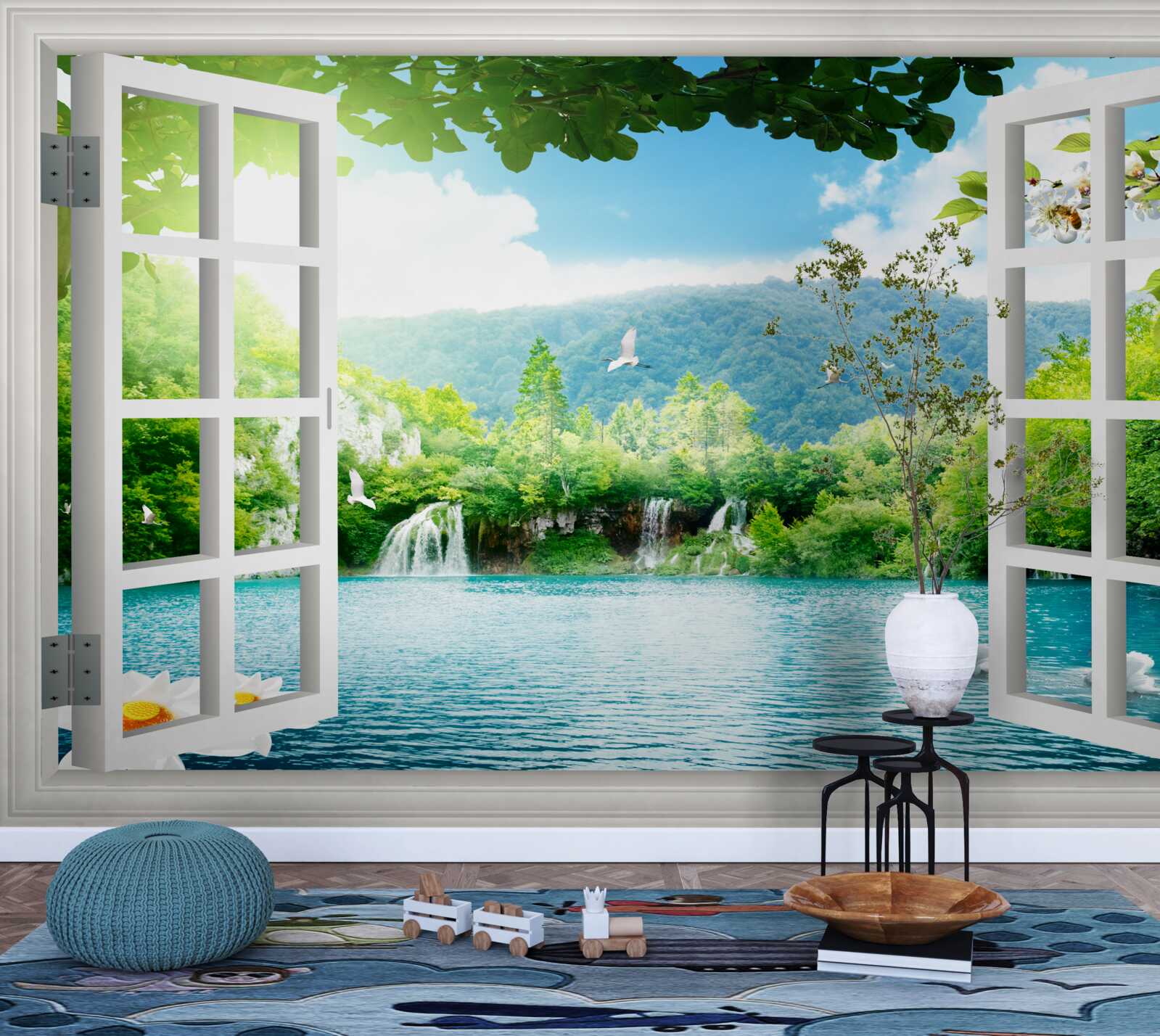Fototapeta okno wychodzi na jezioro, do którego wpływają wodospady