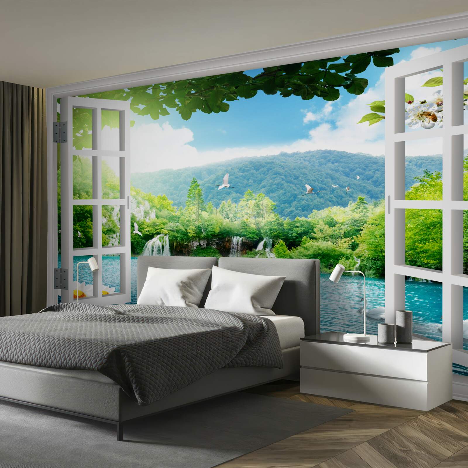 Fototapeta okno wychodzi na jezioro, do którego wpływają wodospady