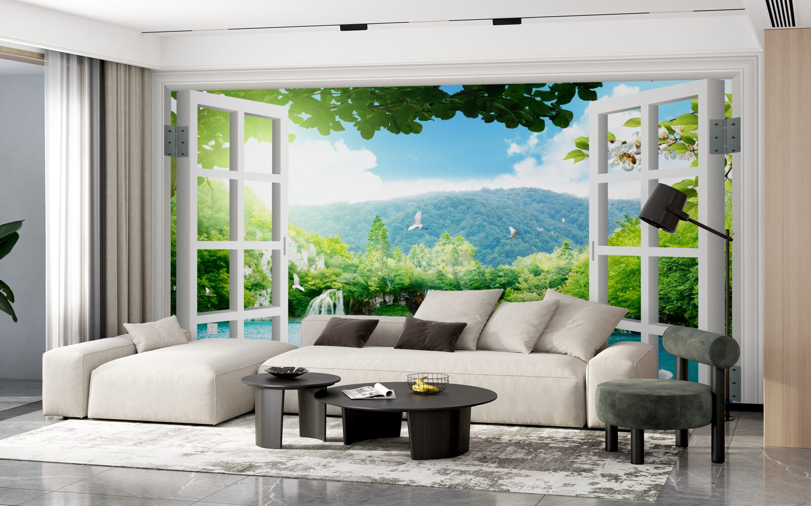 Fototapeta okno wychodzi na jezioro, do którego wpływają wodospady