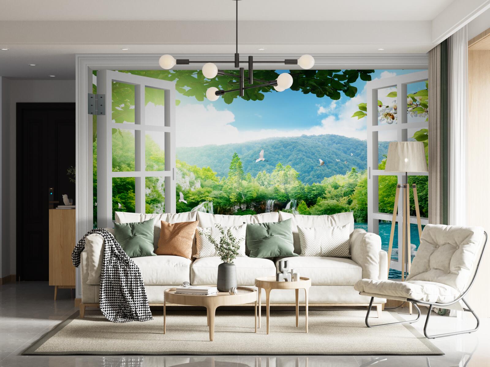 Fototapeta okno wychodzi na jezioro, do którego wpływają wodospady