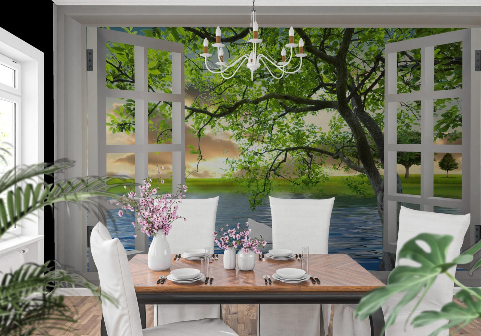 Fototapeta Łabędź unosi się na wodzie w pobliżu okna