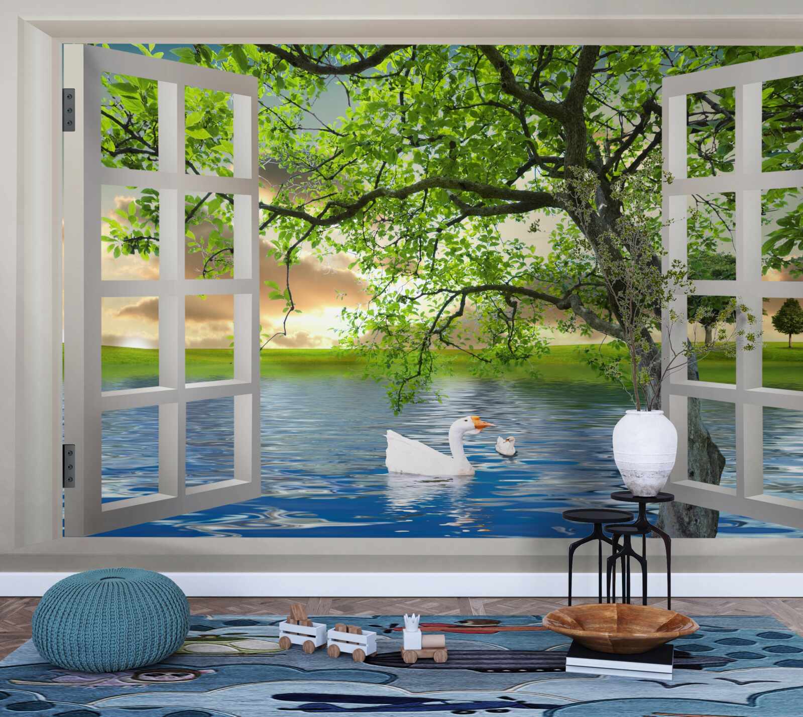 Fototapeta Łabędź unosi się na wodzie w pobliżu okna