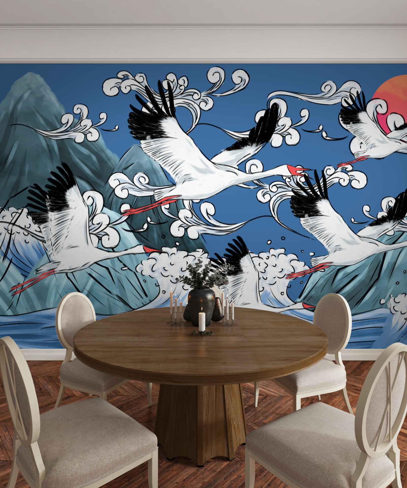 Fototapeta bociany kierują się w stronę morskiego zachodu słońca