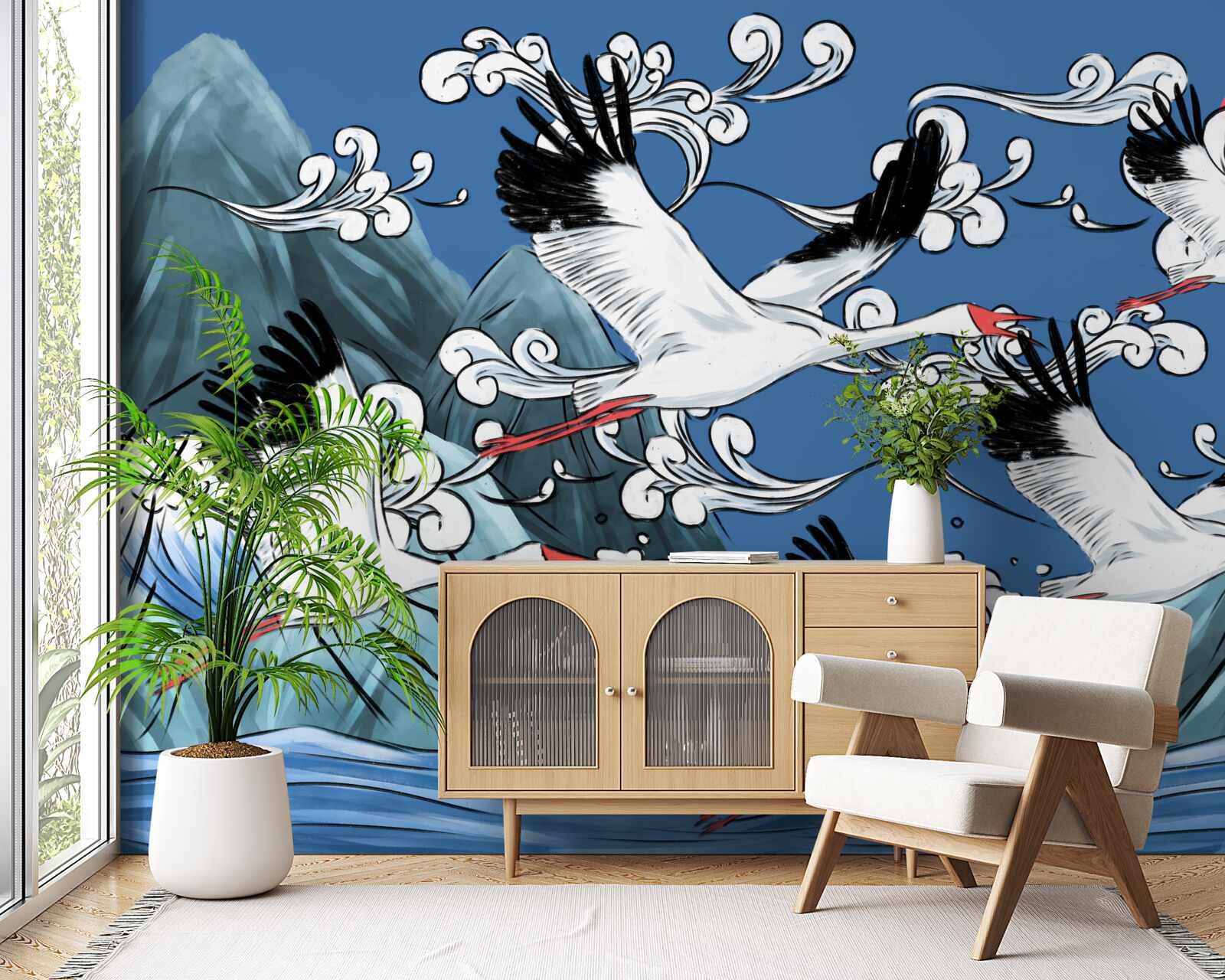 Fototapeta bociany kierują się w stronę morskiego zachodu słońca