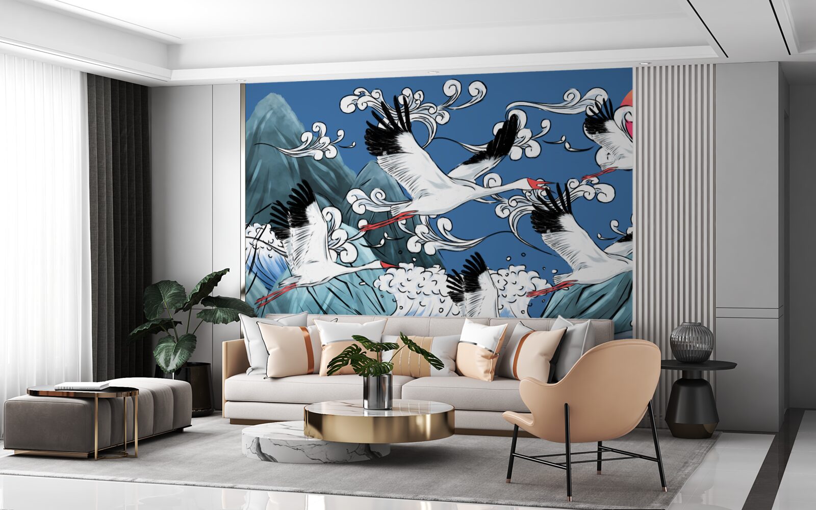 Fototapeta bociany kierują się w stronę morskiego zachodu słońca