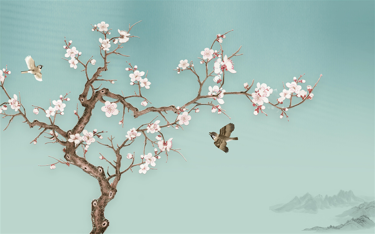 Fototapeta drzewa o białych kwiatach stały się celem lotów ptaków