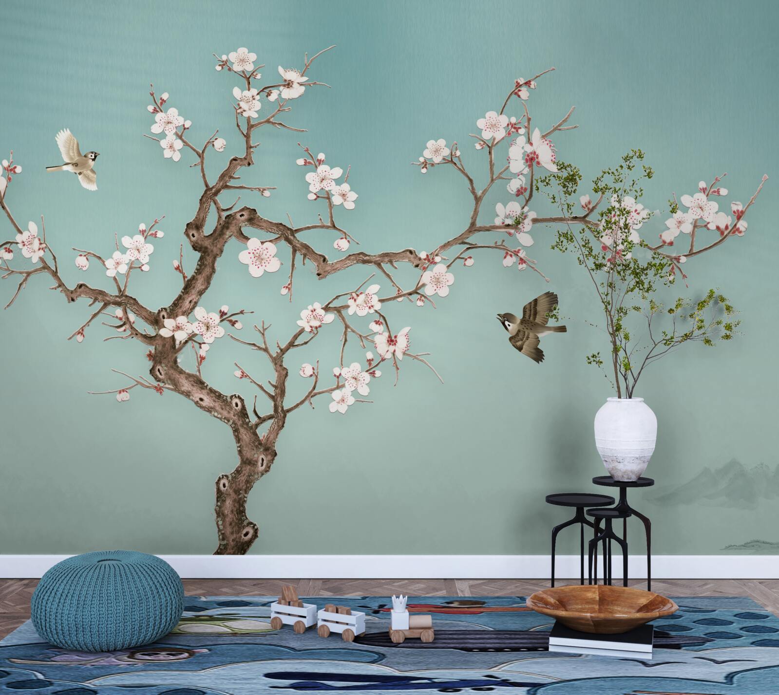 Fototapeta drzewa o białych kwiatach stały się celem lotów ptaków