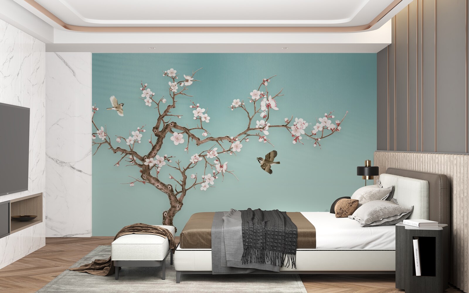 Fototapeta drzewa o białych kwiatach stały się celem lotów ptaków