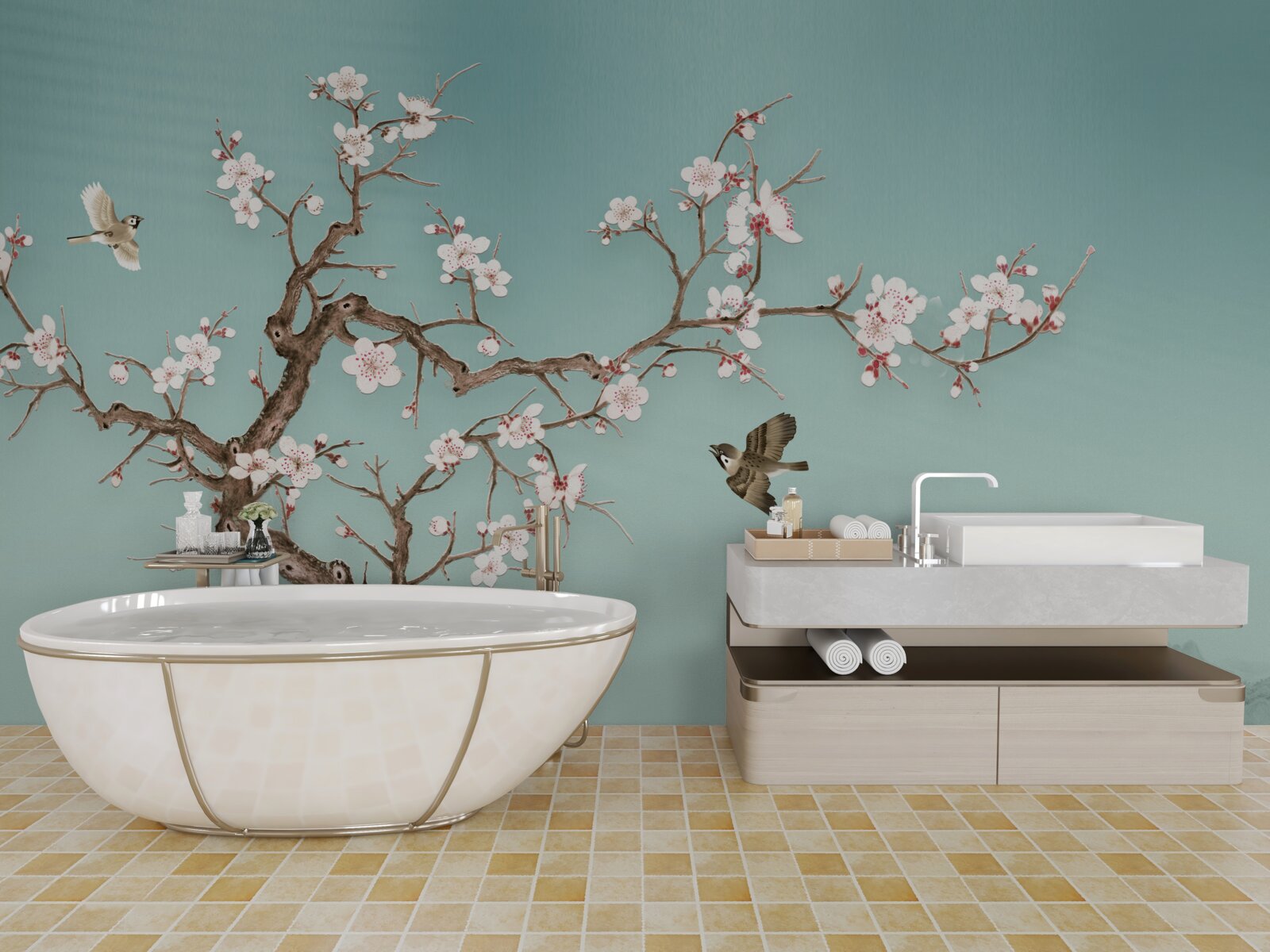 Fototapeta drzewa o białych kwiatach stały się celem lotów ptaków