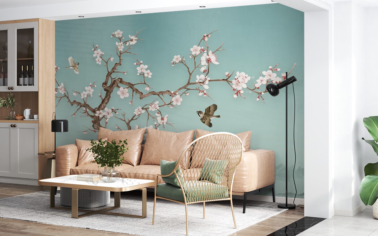 Fototapeta drzewa o białych kwiatach stały się celem lotów ptaków