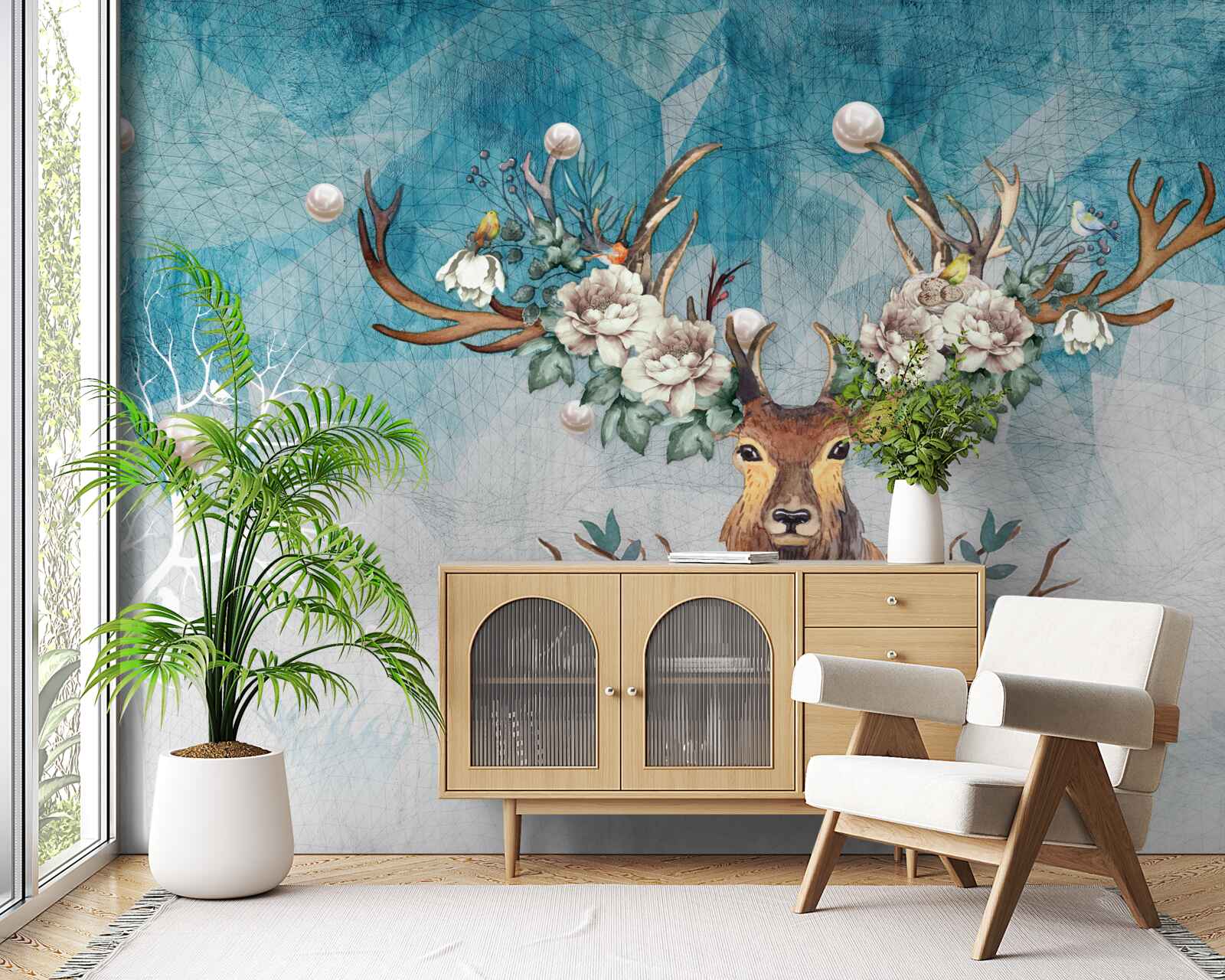 Fototapeta zimą łania z kwiatami zdobiącymi jej poroże