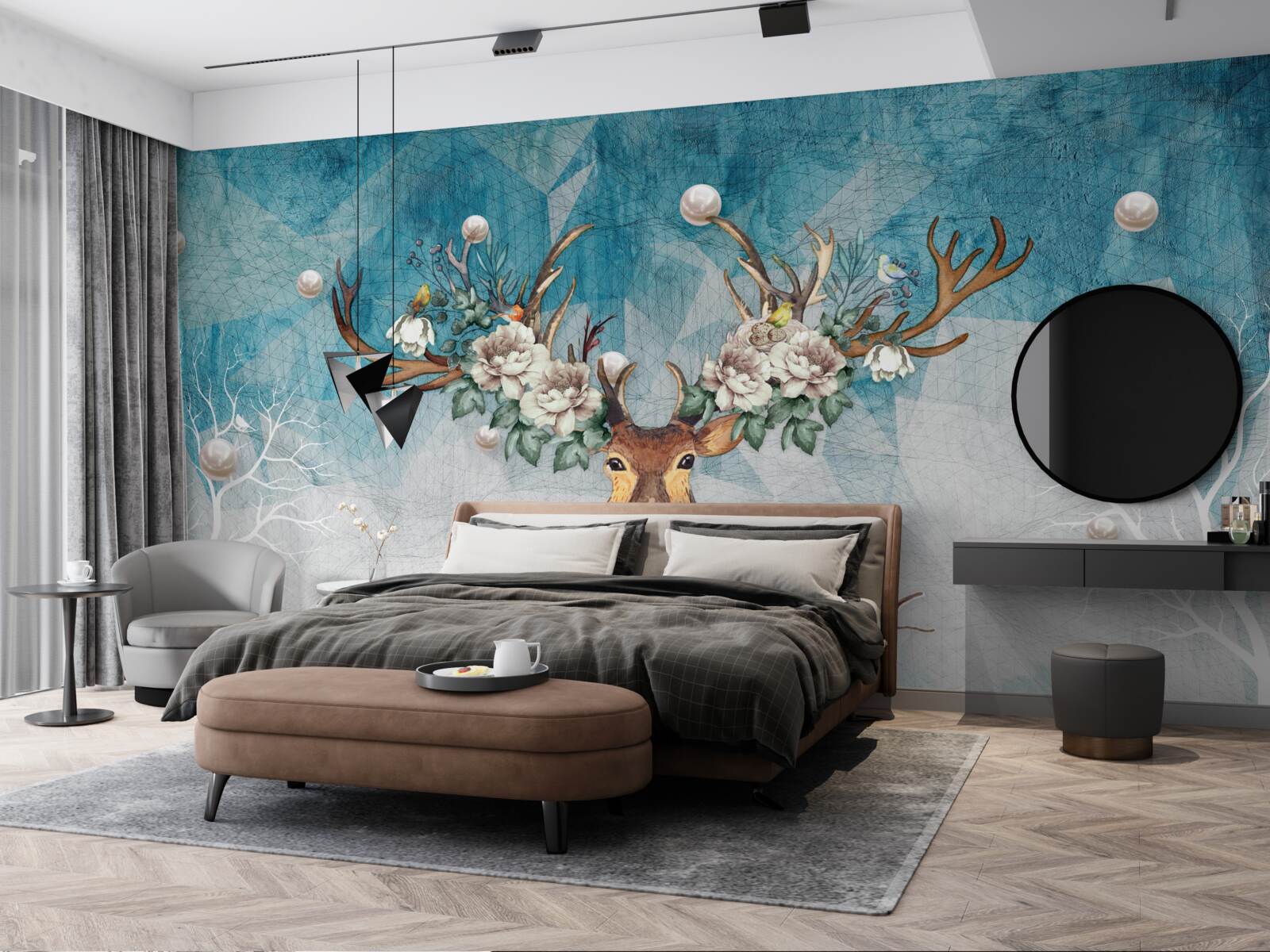 Fototapeta zimą łania z kwiatami zdobiącymi jej poroże