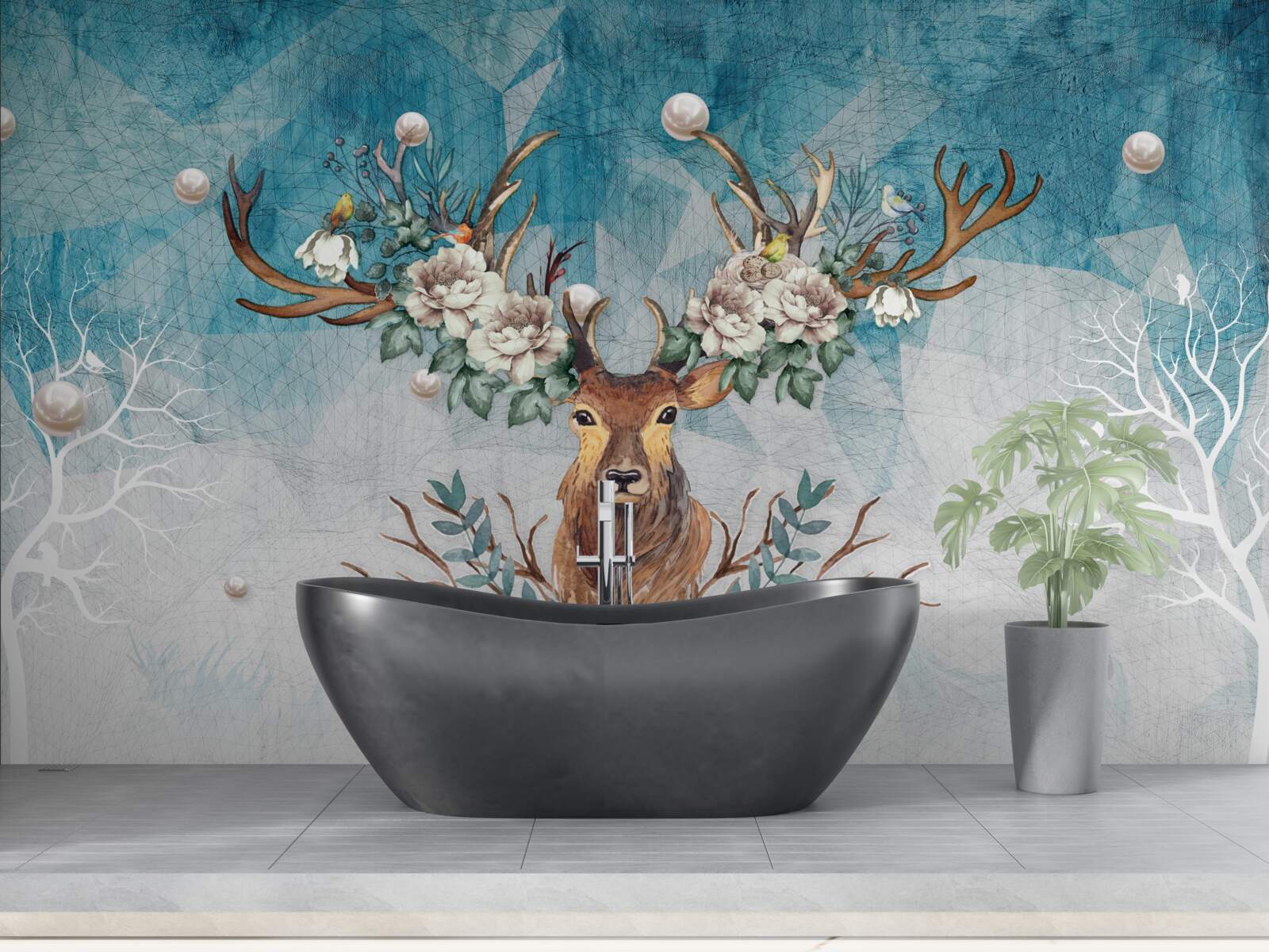 Fototapeta zimą łania z kwiatami zdobiącymi jej poroże