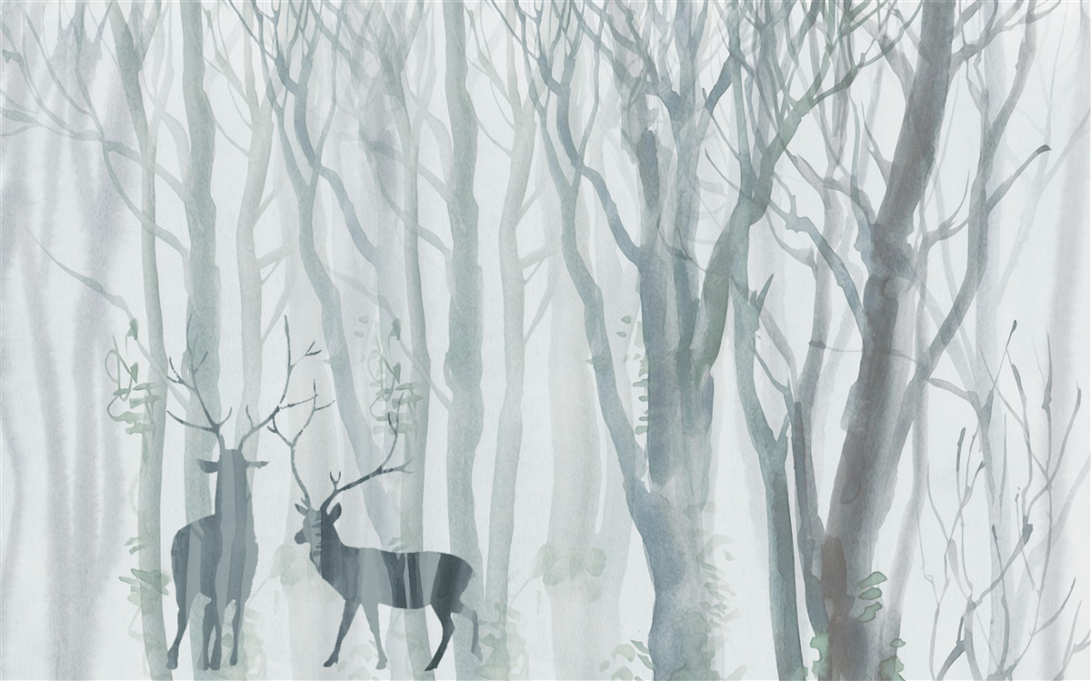 Fototapeta zimowy las, mglisty, zamieszkały przez jelenie