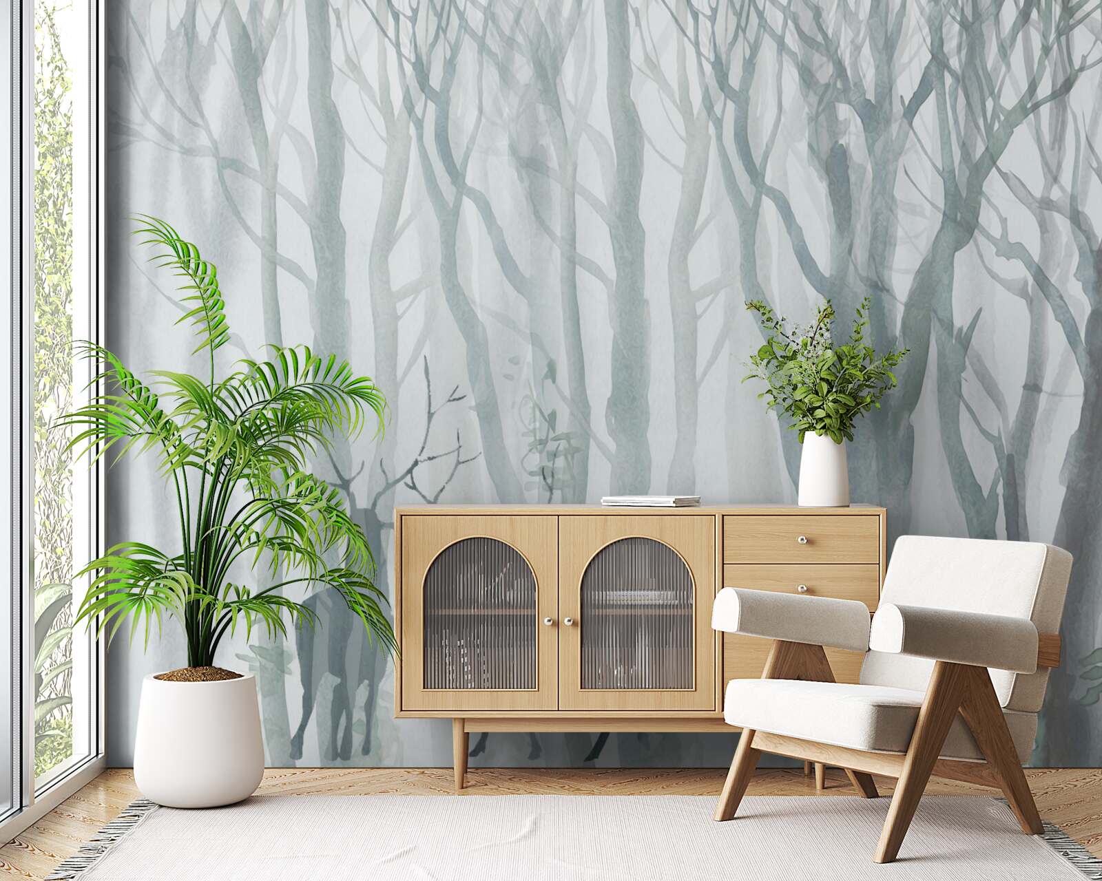 Fototapeta zimowy las, mglisty, zamieszkały przez jelenie