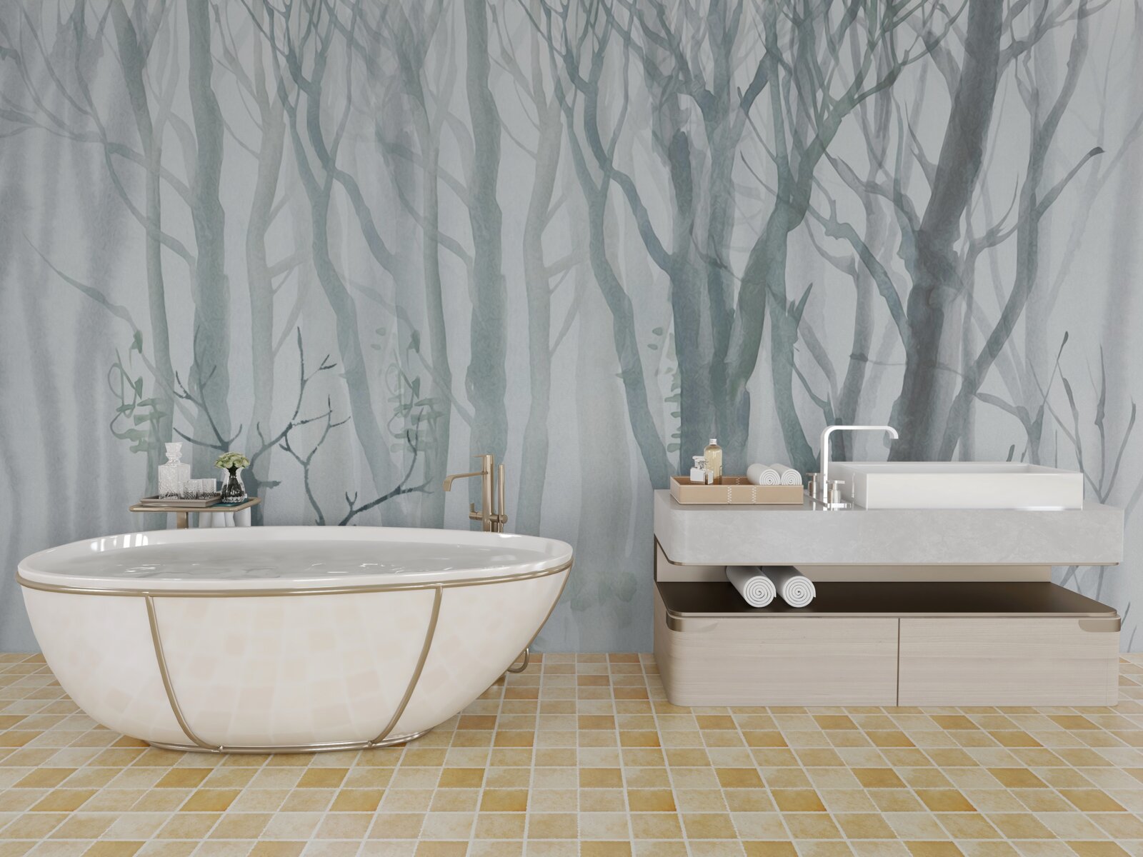 Fototapeta zimowy las, mglisty, zamieszkały przez jelenie