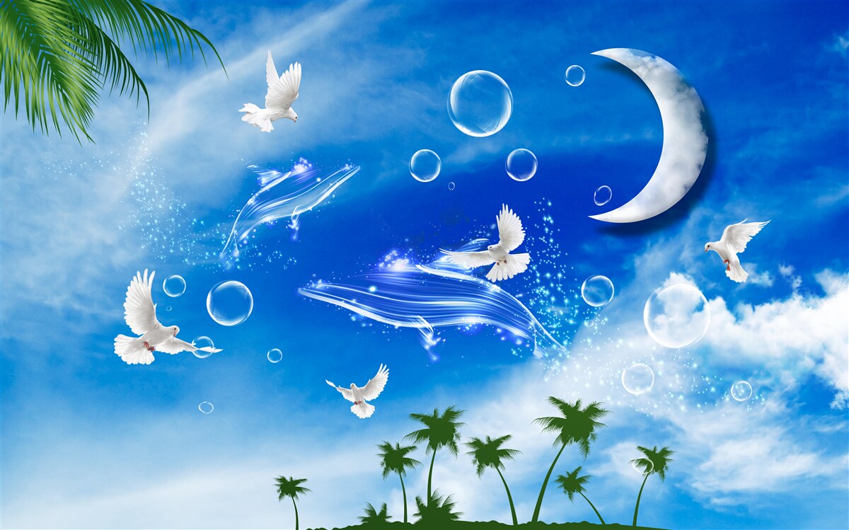 Fototapeta księżyc na dziennym niebie i gołębie