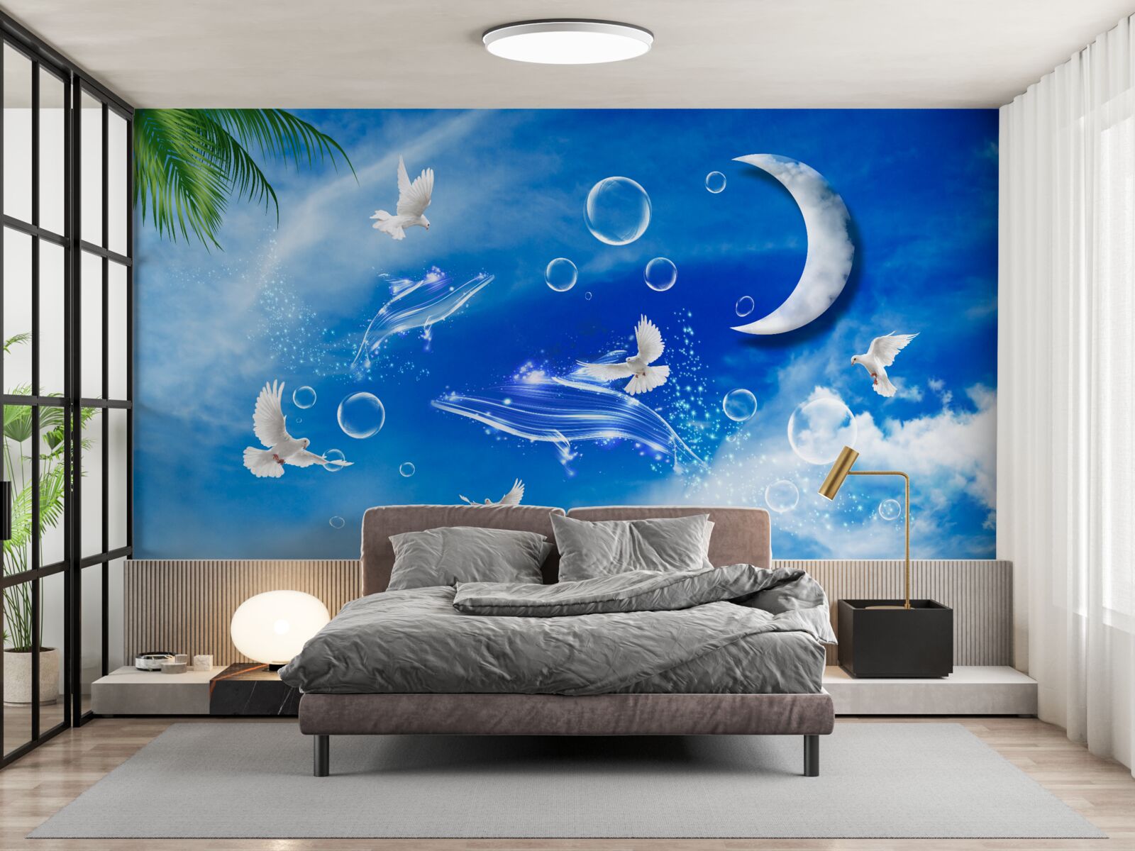 Fototapeta księżyc na dziennym niebie i gołębie