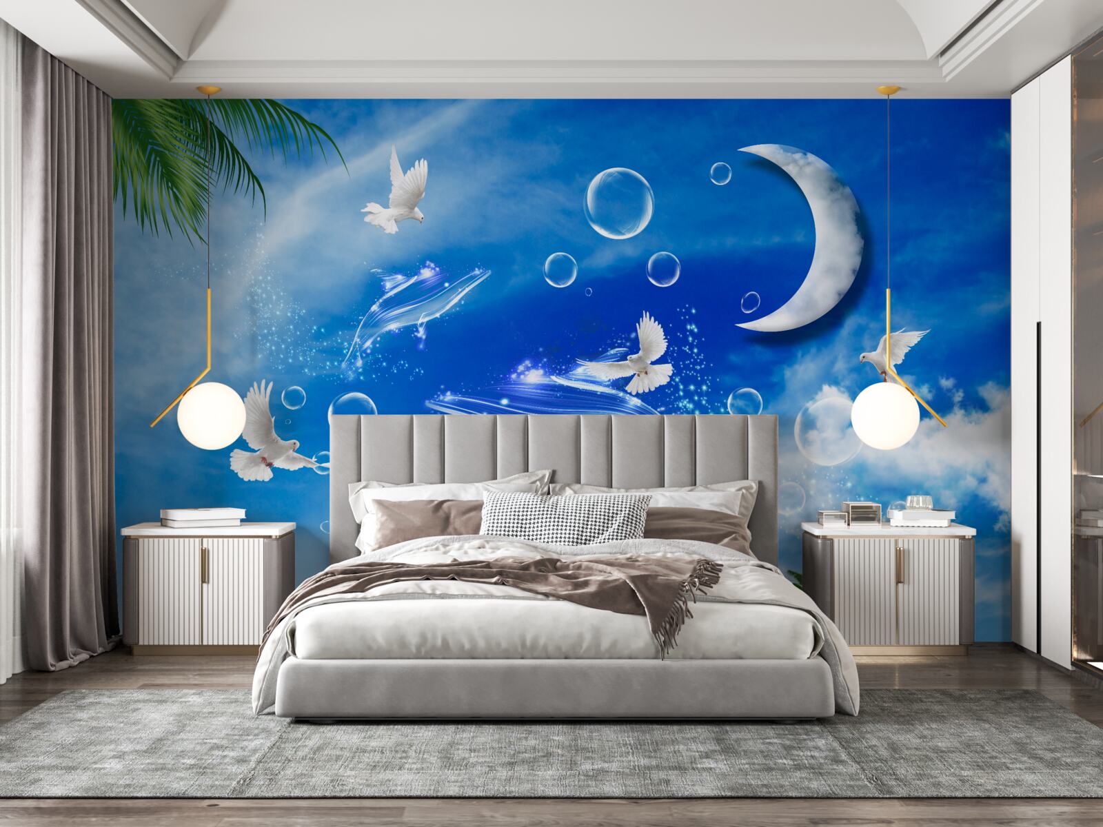 Fototapeta księżyc na dziennym niebie i gołębie