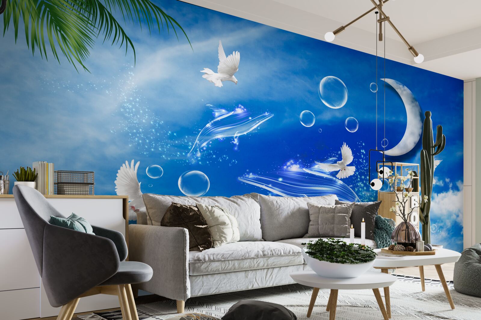 Fototapeta księżyc na dziennym niebie i gołębie