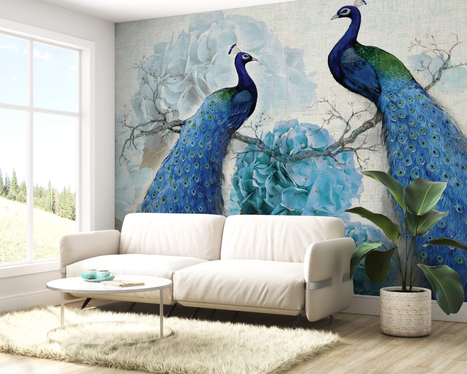 Fototapeta pawie z niebieskimi piórami na kwiatach w tym samym odcieniu