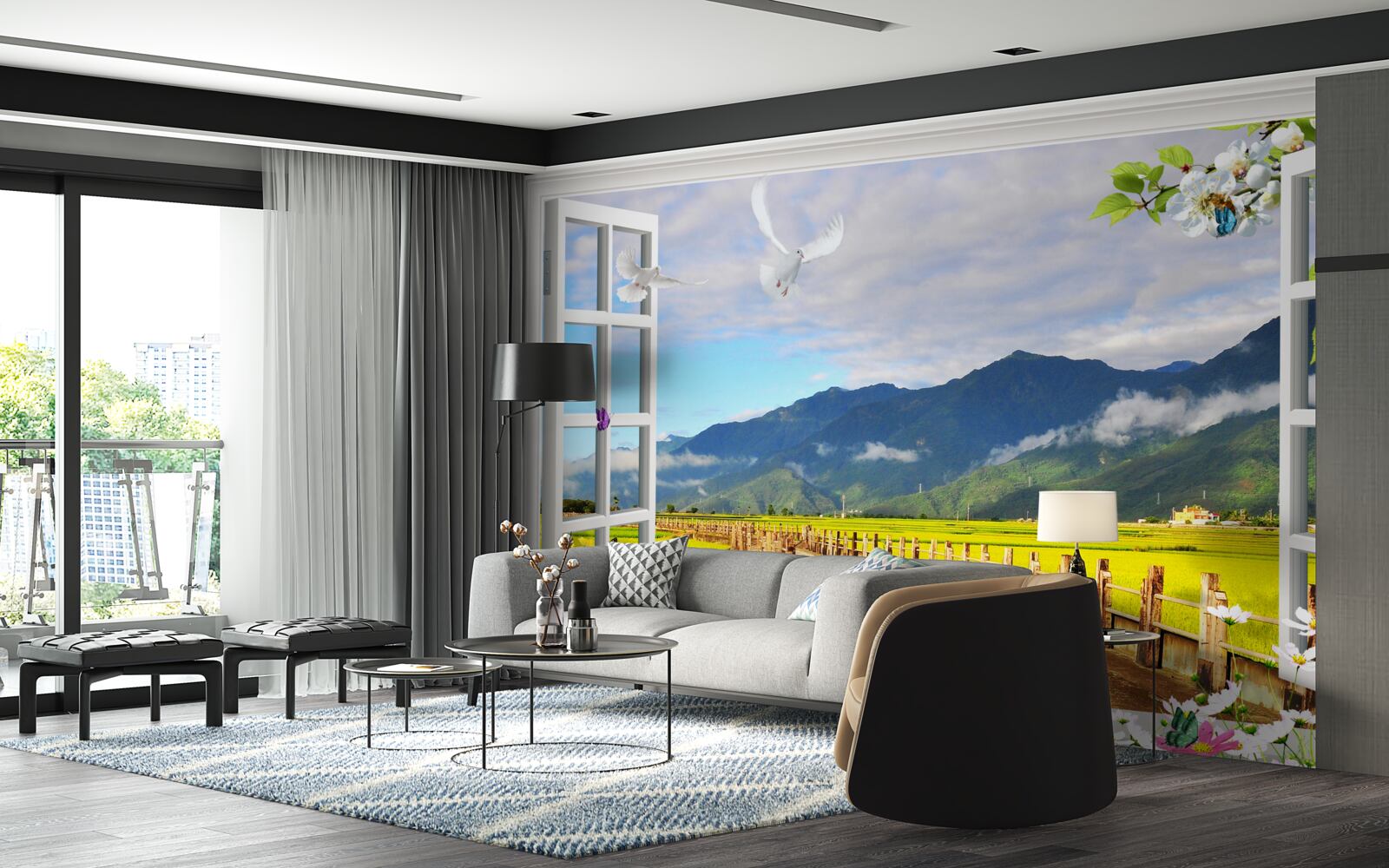 Fototapeta widok z okna na panoramę gór