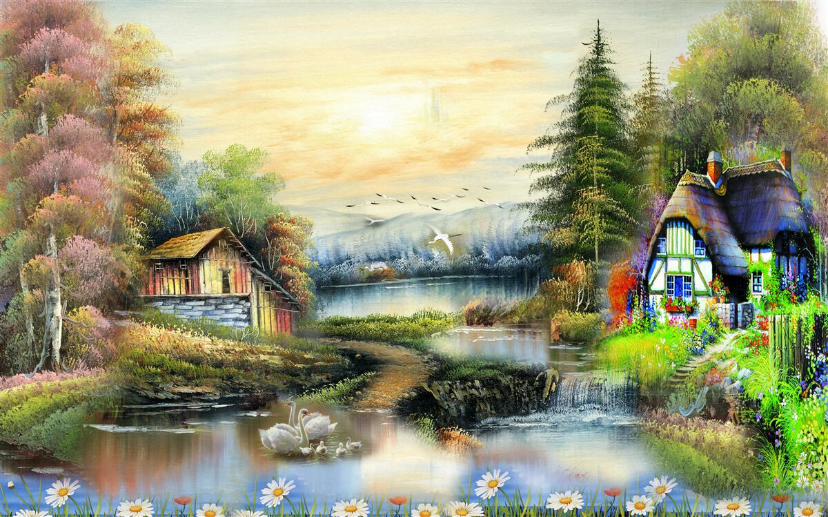 Fototapeta magiczny dom nad jeziorem w otoczeniu lasu