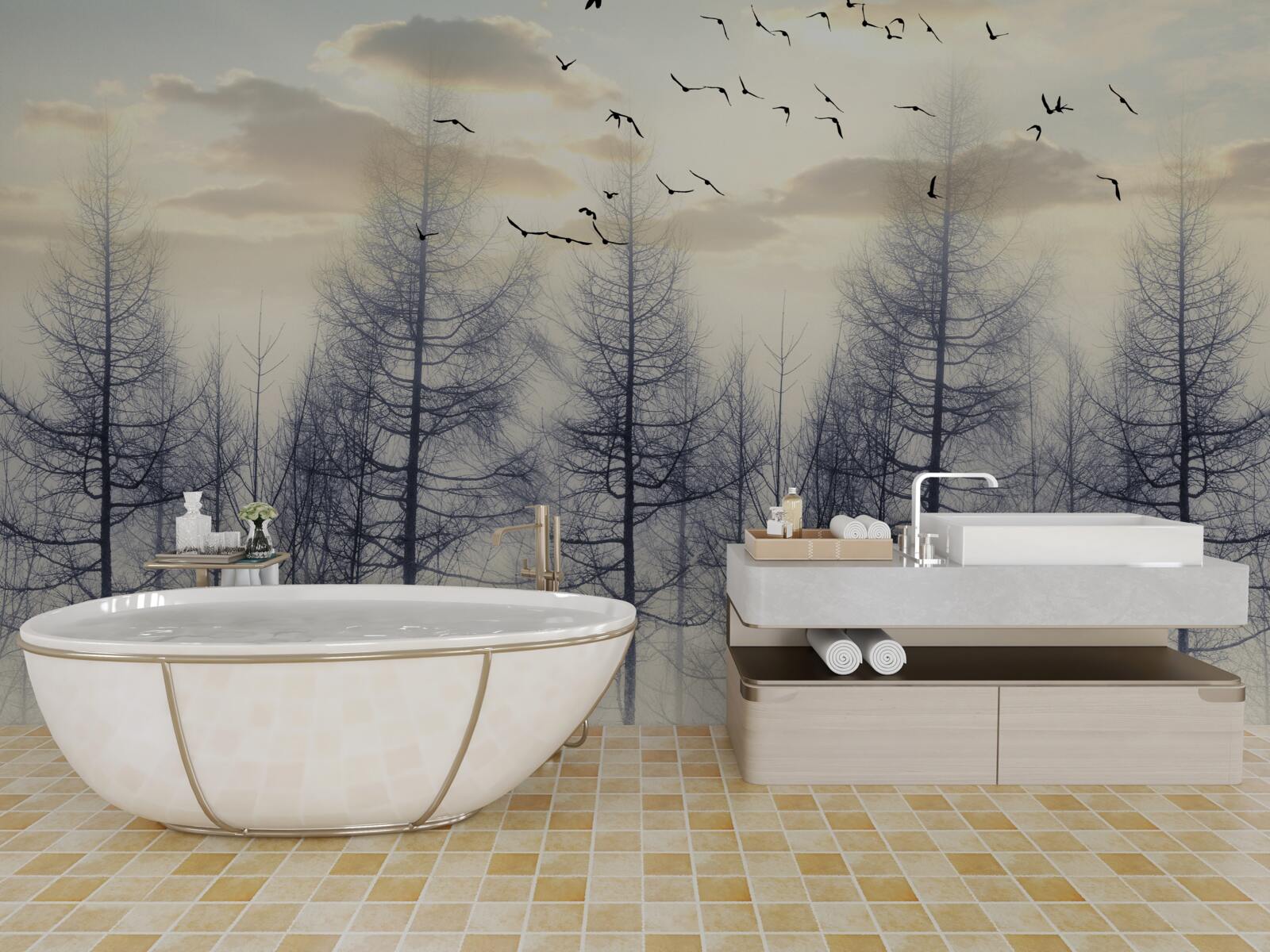 Fototapeta wczesny świt w mglistych lasach