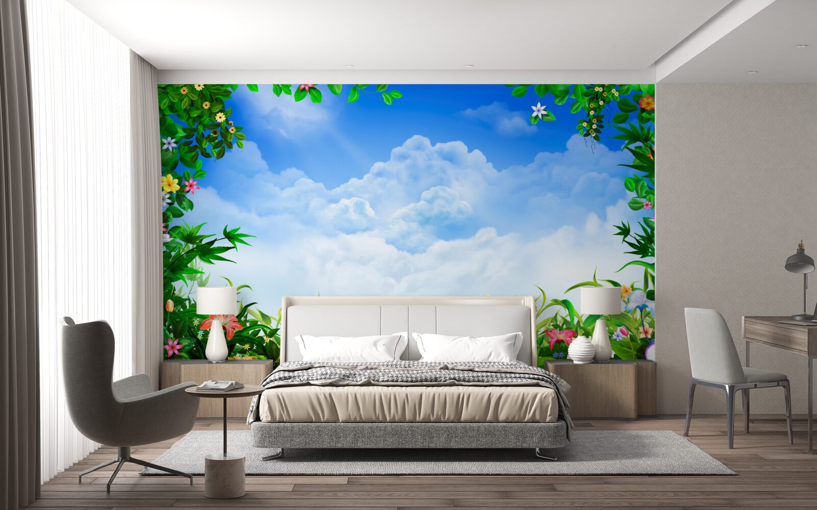 Fototapeta zielone liście mienią się pod błękitnymi chmurami