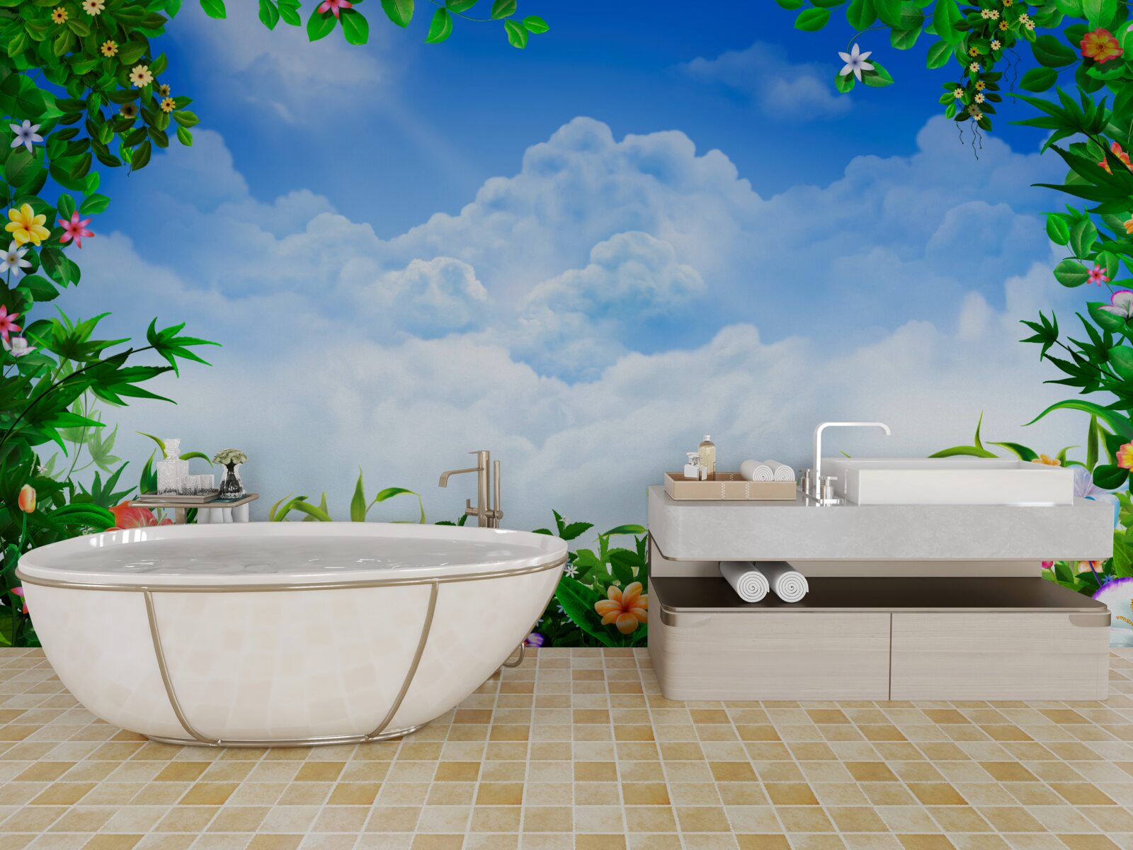 Fototapeta zielone liście mienią się pod błękitnymi chmurami