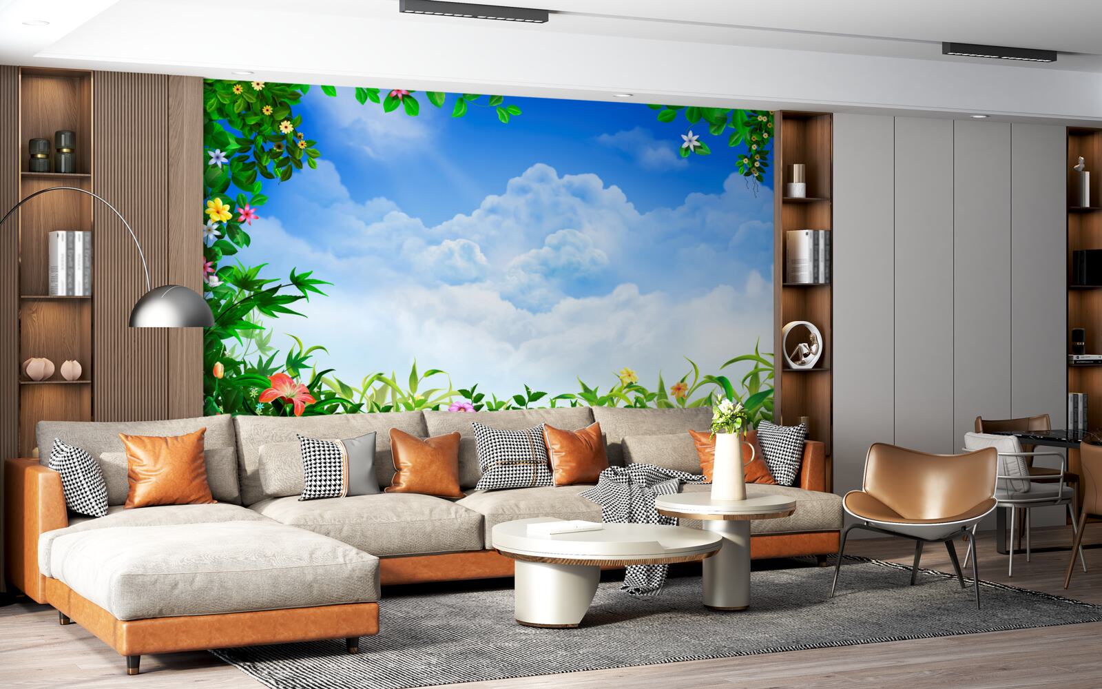 Fototapeta zielone liście mienią się pod błękitnymi chmurami