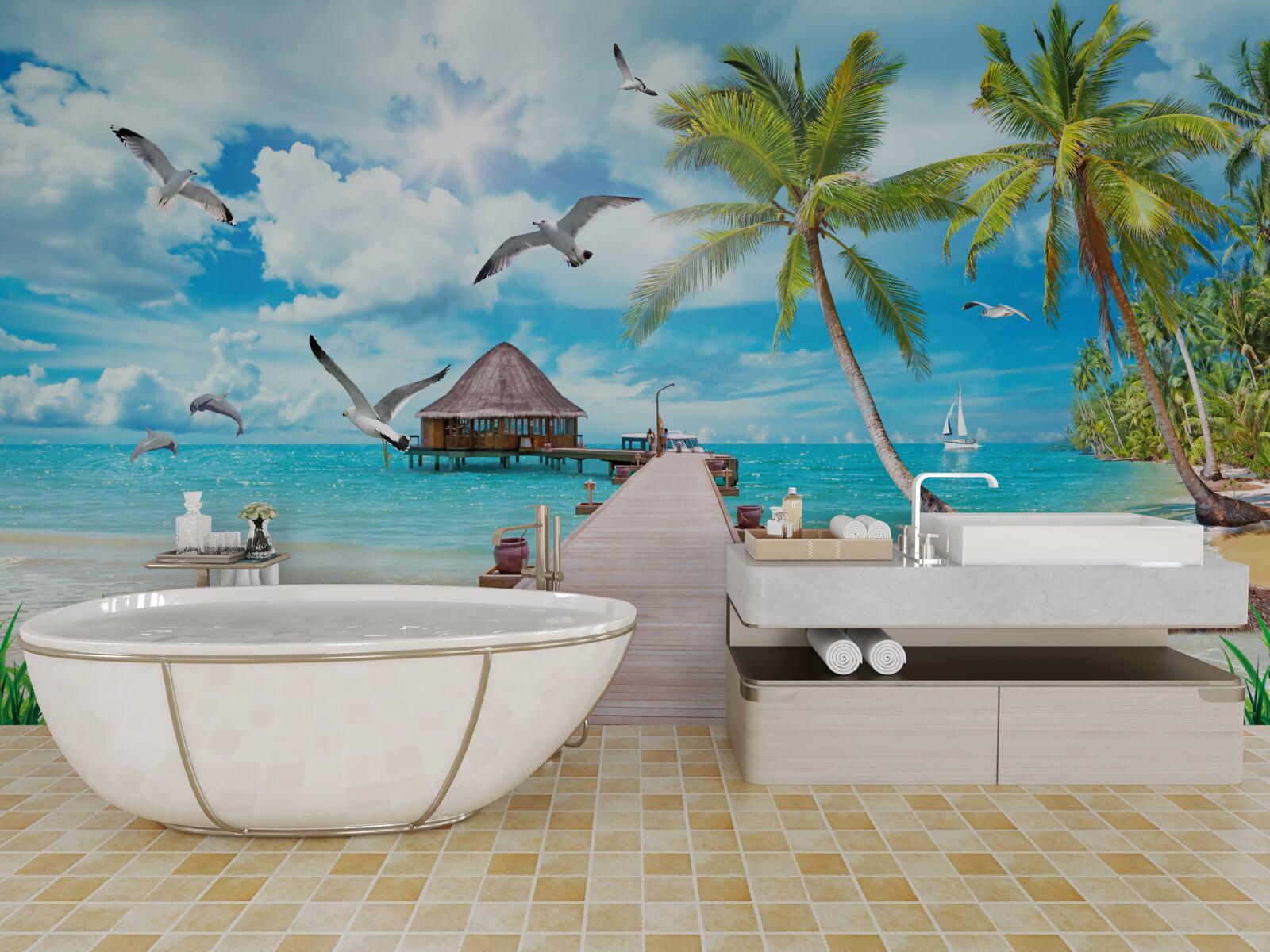 Fototapeta mewy i molo nad morzem