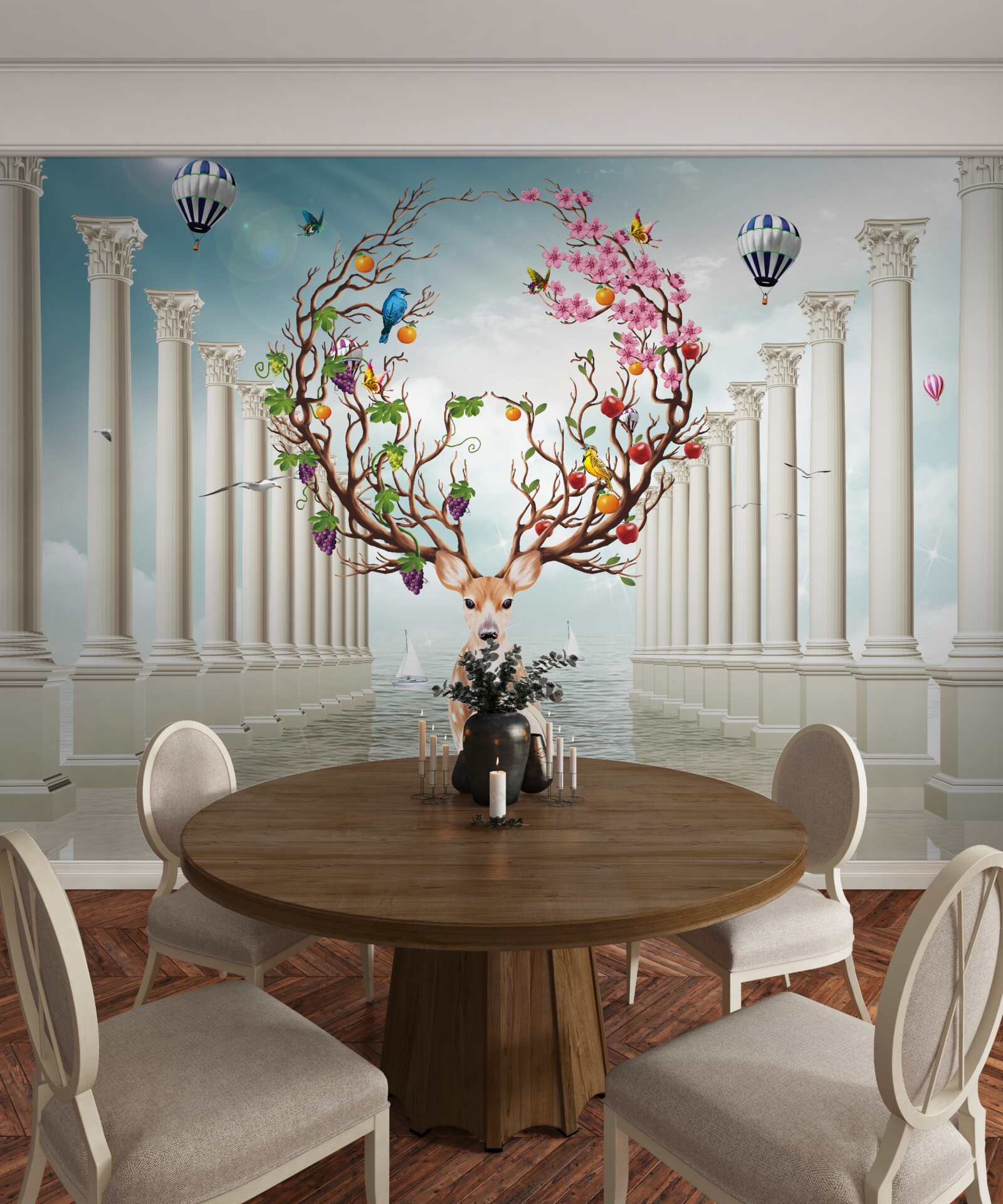 Fototapeta Śnieżnobiała kolumnada i jeleń z niezwykłym, abstrakcyjnym rogiem